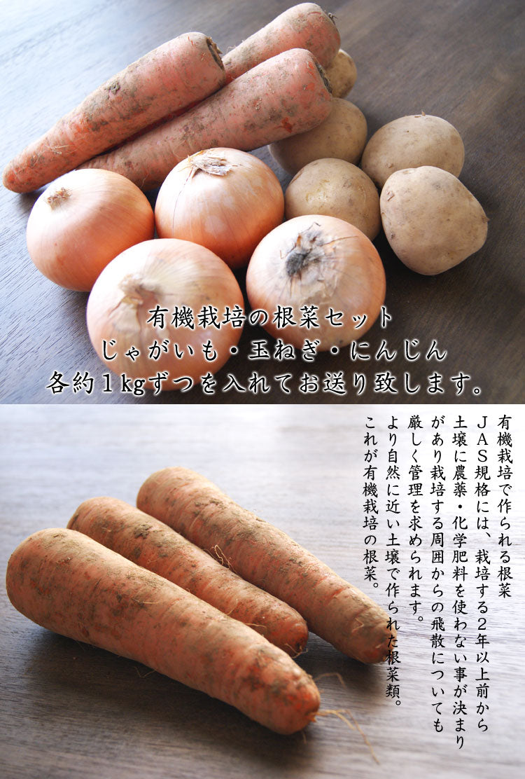 有機野菜セット 根菜バージョン じゃがいも・玉ねぎ・にんじん 各1キロずつ 計:約3kg *常温便 *送料込